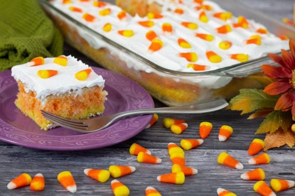 How To Make Candy Corn Poke Cake Step By Step Halloweentreatsweek Devour Dinner