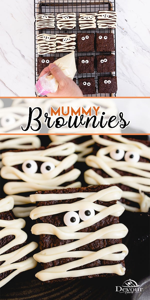 Spooky Mummy Brownies a Halloween Treat for the little ghosts and goblins in your home. Made with an Easy Brownie Recipe hand mix and enjoy. Homemade brownie recipe, and decorate with white chocolate and candy eyes for this fun and tasty dessert recipe. #devourdinner #bonappetitmag #thekitchn #recipeoftheday #americastestkitchen #buzzfeedfood #cooksillustrated #foodgawker #bareaders #foodblogfeed #droolclub #makeitdelicious #scrumptiouskitchen #dessertrecipe #mummybrownies #brownierecipe