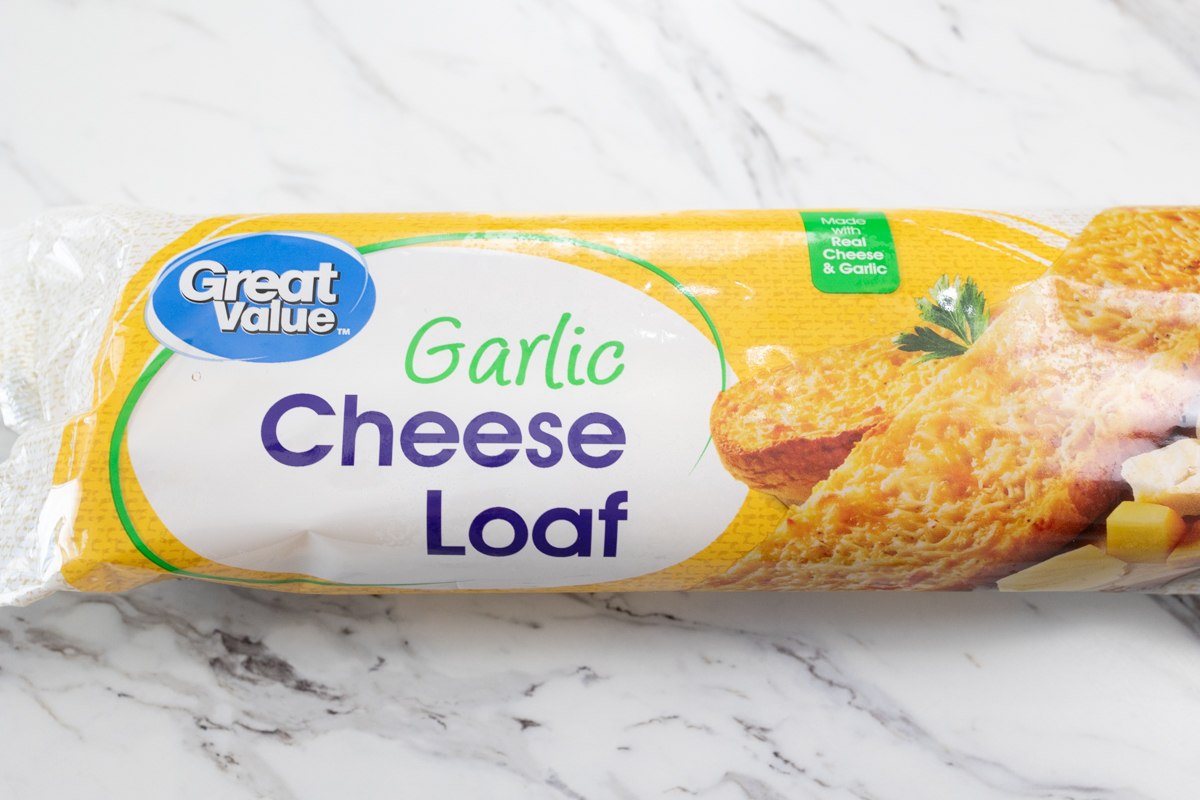 A close up image of a packet of Great Value Garlic Cheese Loaf.