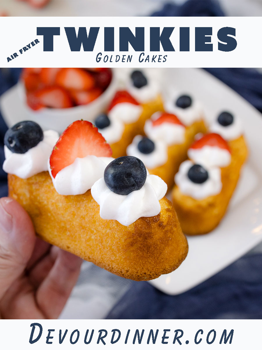 Easy to make Air Fryer Twinkies will bring the flavors of Fall Fair Food right to your kitchen. Top with whipped cream, fruit, or even a drizzle of chocolate and take a bite of this crispy golden snack cake everyone loves. #airfryerrecipe #airfryertwinkies #twinkiesairfryer #hostesstwinkiesairfryer