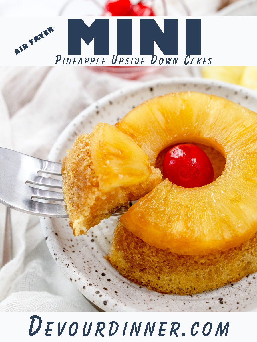 Mini Pineapple Upside-Down Cakes made with sponge cake - easy, air-fryer friendly, and perfect for a campfire treat! #airfryer #camping #dessert #pineappleupsidedowncake #minipineapplecake